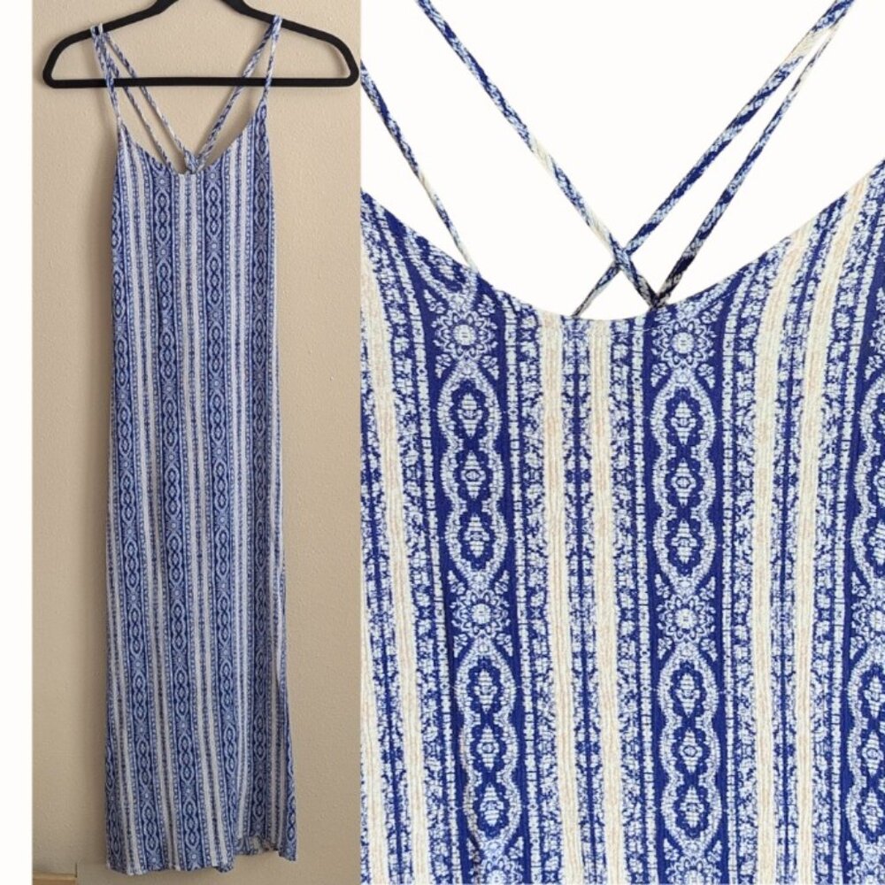 Blue & White Striped Rayon Maxi Dress